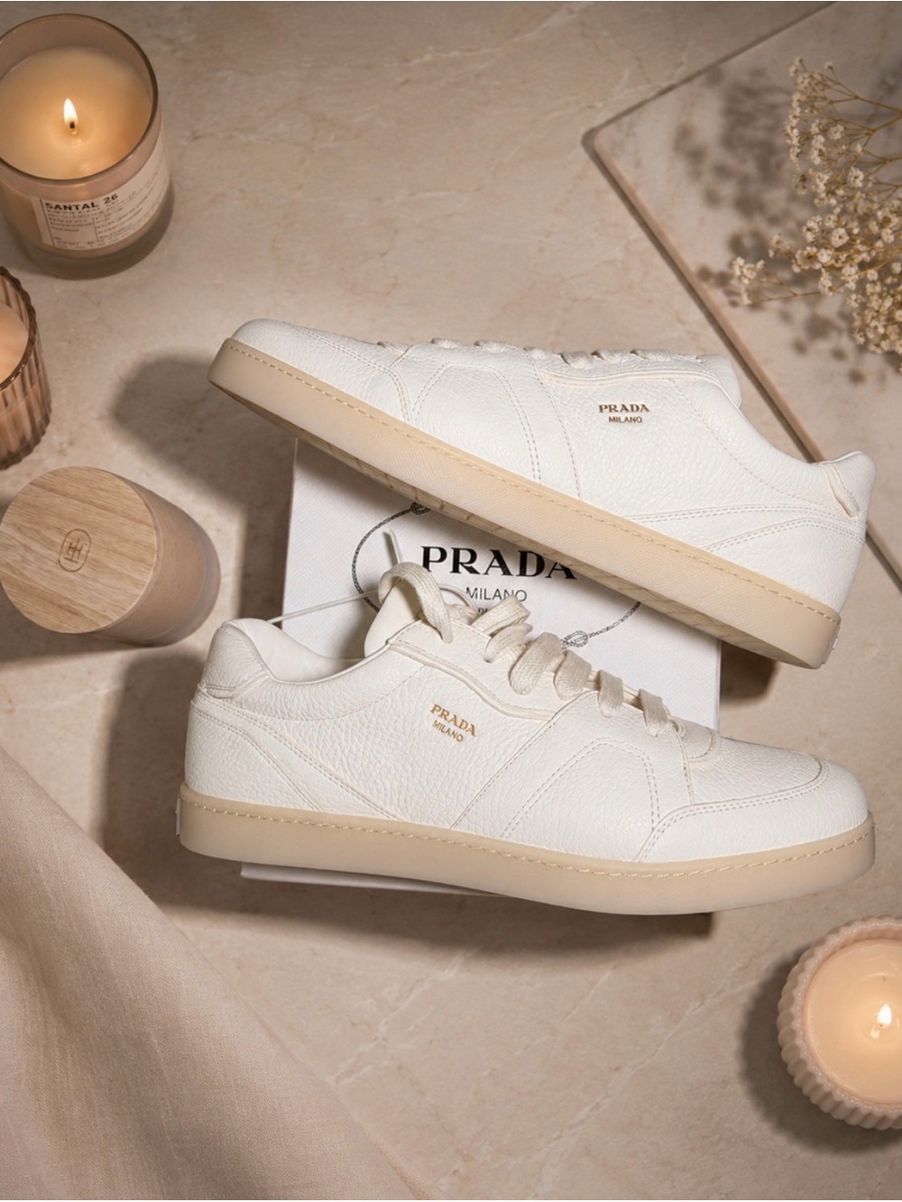 Prada authentic New 2EE442 Cervo Leather Sneakers – Avorio Ivory – Men’s Size 8